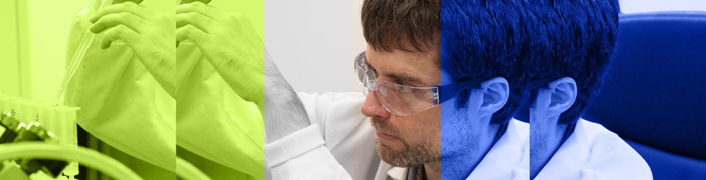 A composite banner image showing a male laboratory scientist in a white lab coat and safety glasses examining something closely, split across three color-tinted panels transitioning from green on the left to neutral in the center to blue on the right.